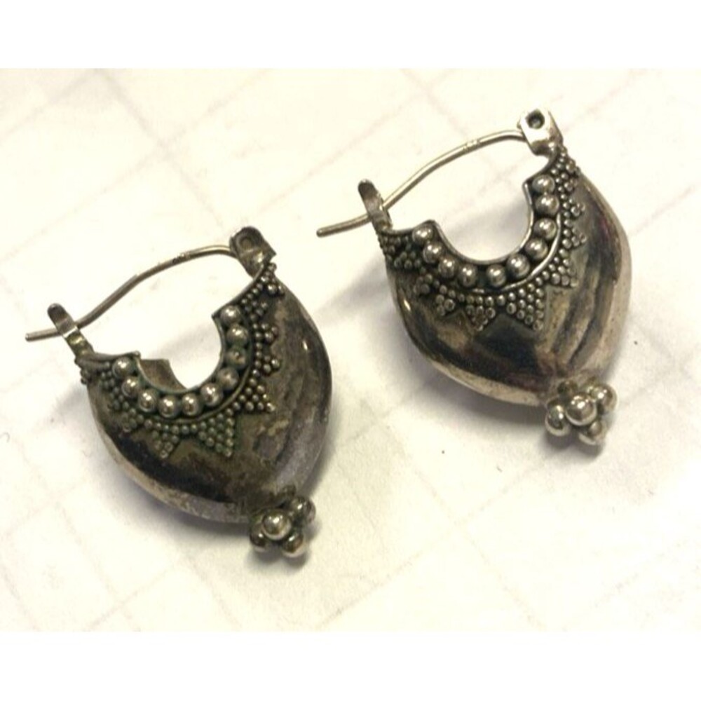 Vintage Balinese Surati Bali Basket Hoop Earrings Sterling Silver 925 UNIQUE - Picture 2 of 6